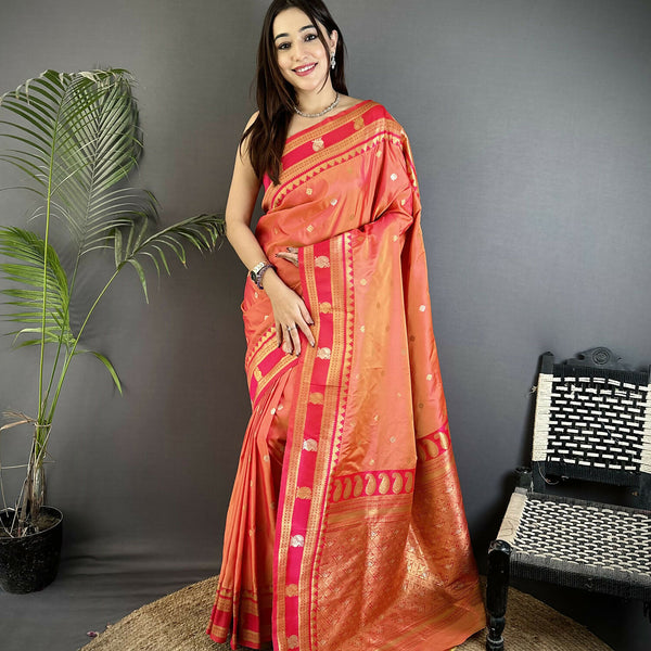 Joban Fashion Peach Banarasi Soft Silk Woven Saree
