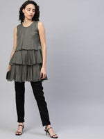 Thumbnail for Ahalyaa Women Grey Chiffon Silver Glitter Printed Tiered Tunic