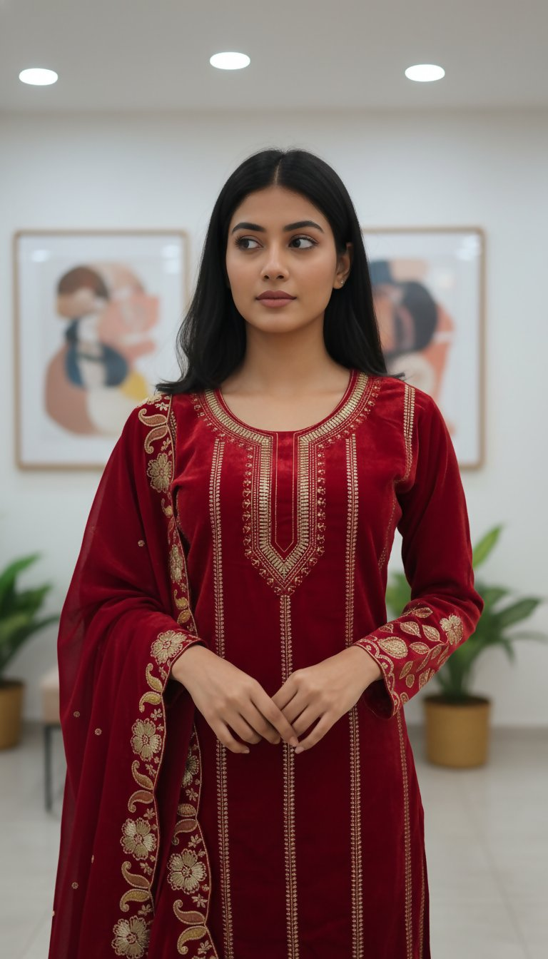 Teeya Creation Red Color Velvet Designer Embroidery Work party Wear Suit