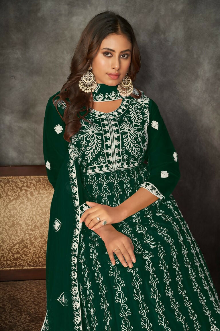 Jyoti Fashion Women's Green Net Embroidered Anarkali Kurta Pant Set With Dupatta - Distacart