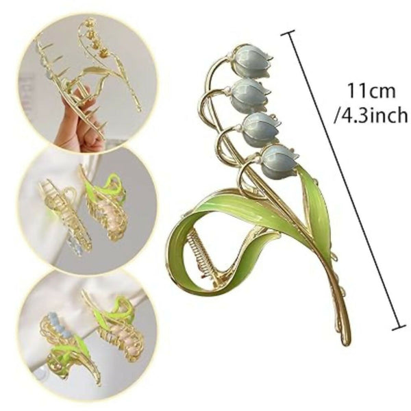 Joban Fashion Green Metal Queen Art Long Flower Hair Clutcher For Women