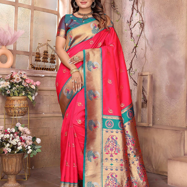 Joban Fashion Paithani Hot Pink Woven Soft Silk Saree - Distacart