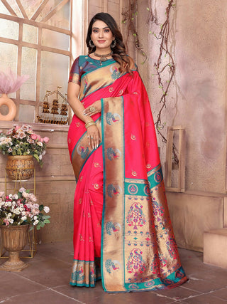Joban Fashion Paithani Hot Pink Woven Soft Silk Saree