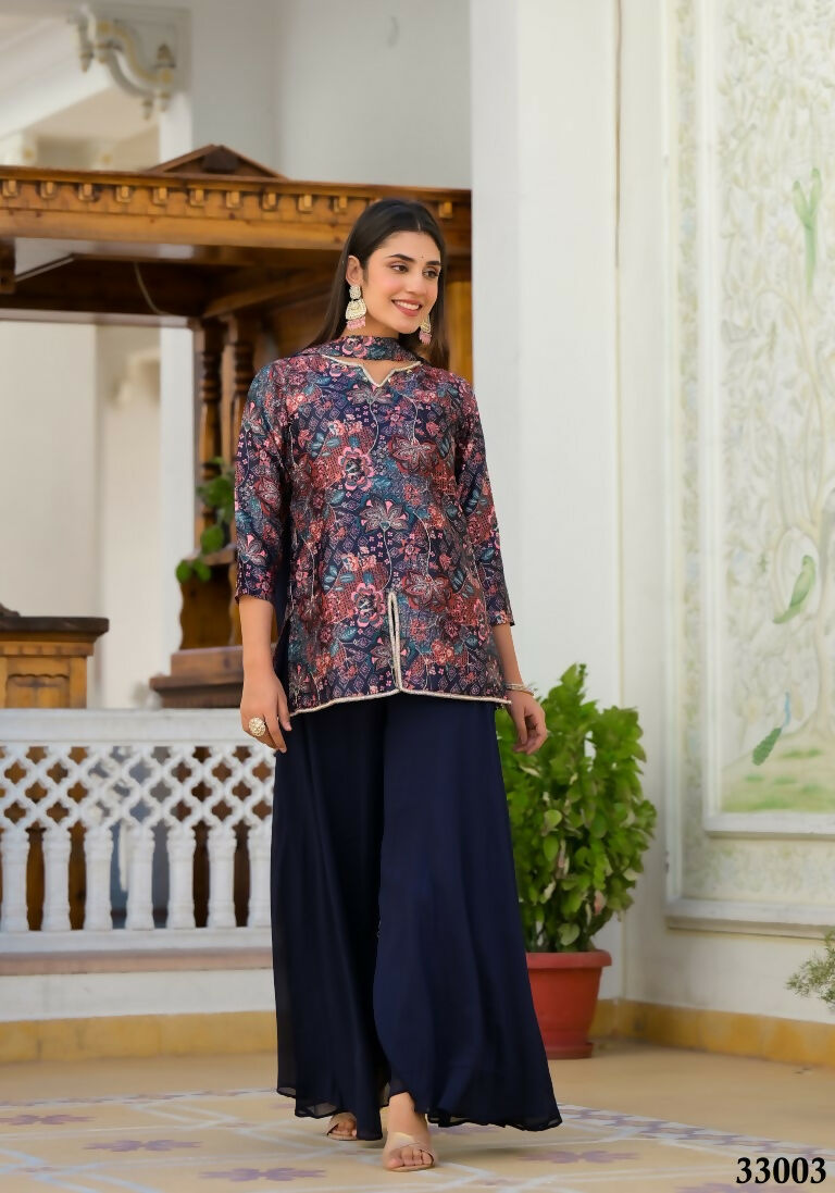 Designer Stylish Navy Blue Dull satin Stitched Suit With Dupatta - Samya - Distacart