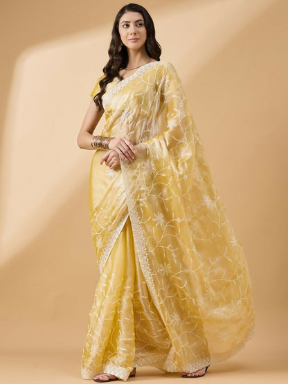 Yellow Tissue Slub Embroidered Saree with Unstitched Blouse - Vairagi - Distacart