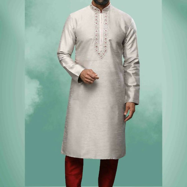 Raivat Ethnic Art Silk Mirror Embroidery Work Kurta Pajama In Grey Colour - Dista