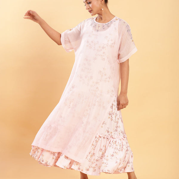 BohoJazz Bohemian Signature Layered Maxi Dress with Motif - Pink