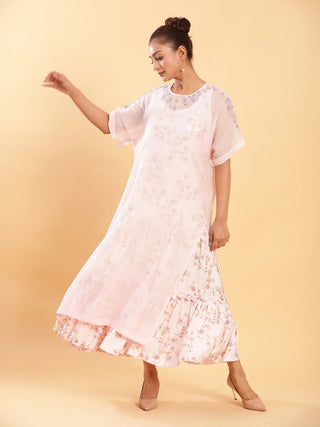 BohoJazz Bohemian Signature Layered Maxi Dress with Motif - Pink