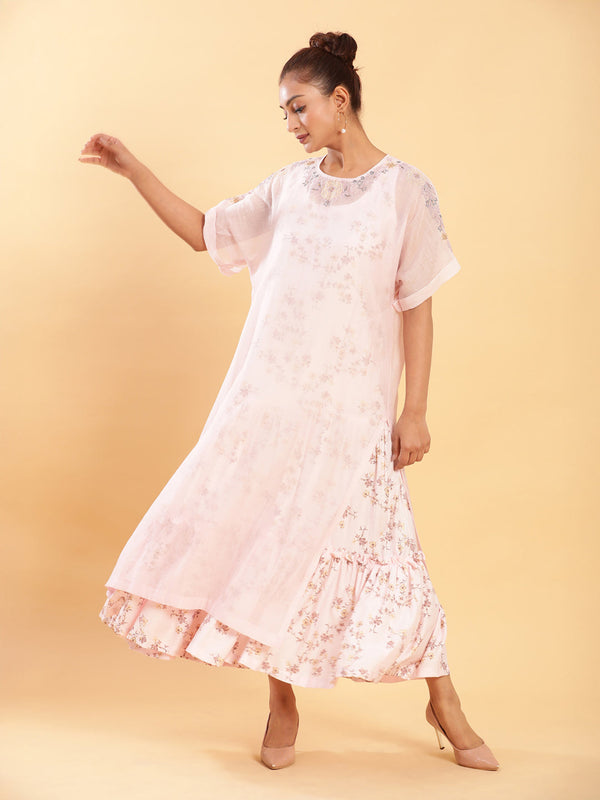 BohoJazz Bohemian Signature Layered Maxi Dress with Motif - Pink