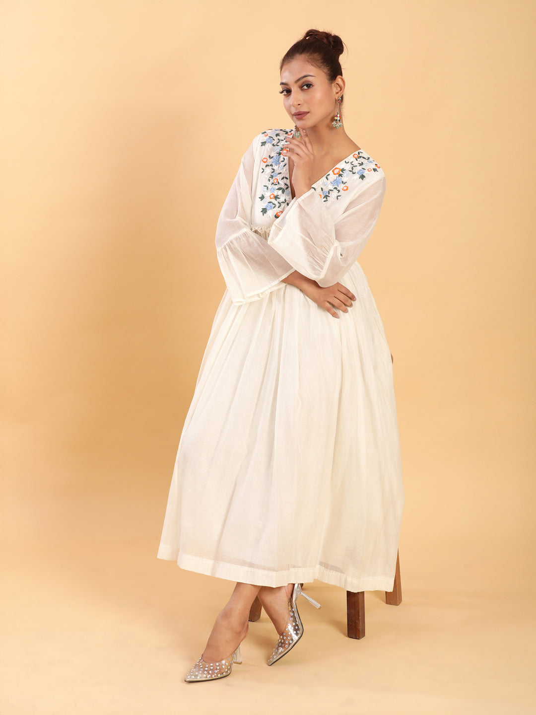 BohoJazz Bohemian Signature Layered Maxi Dress with Motif - White