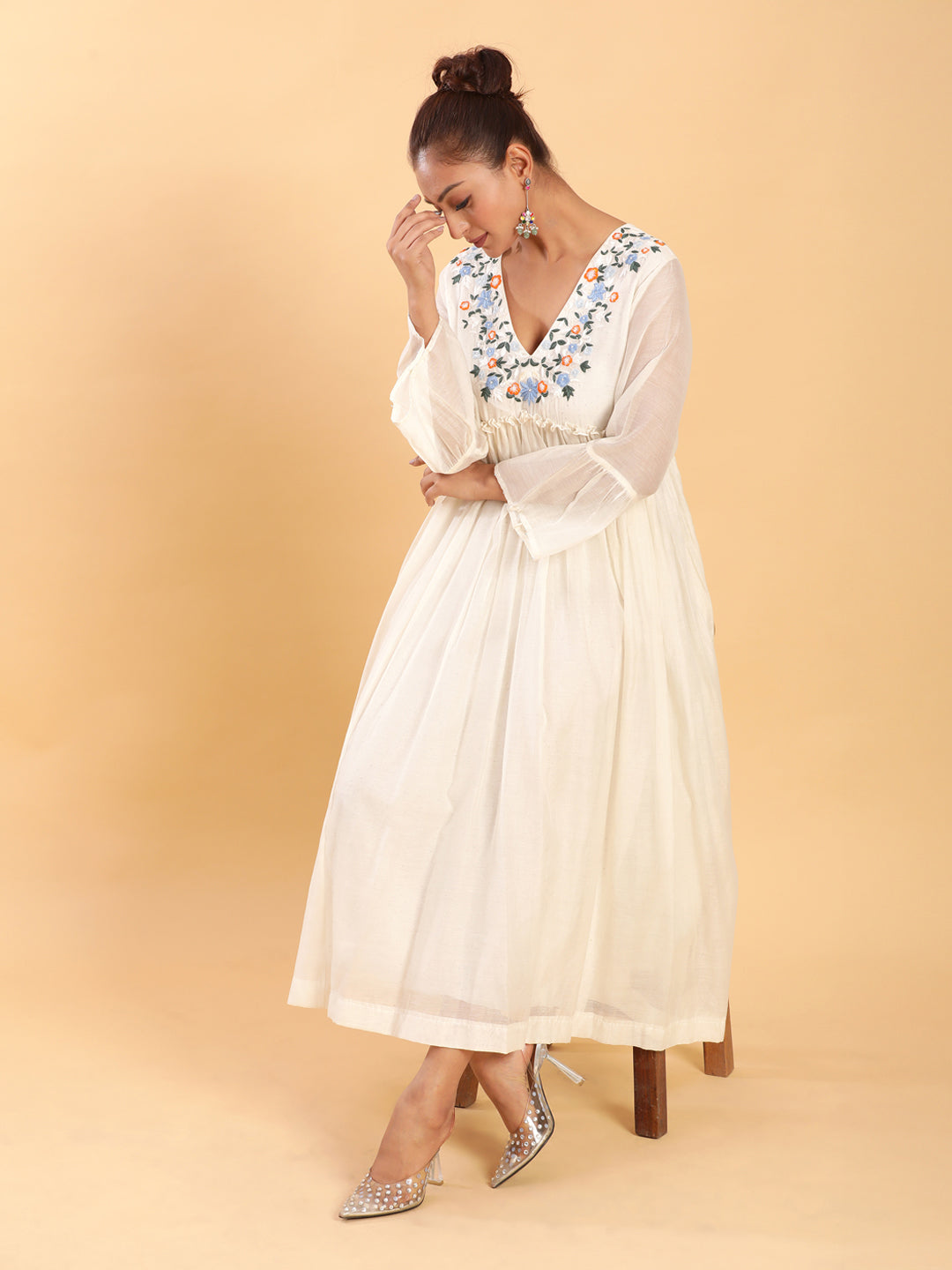 BohoJazz Bohemian Signature Layered Maxi Dress with Motif - White