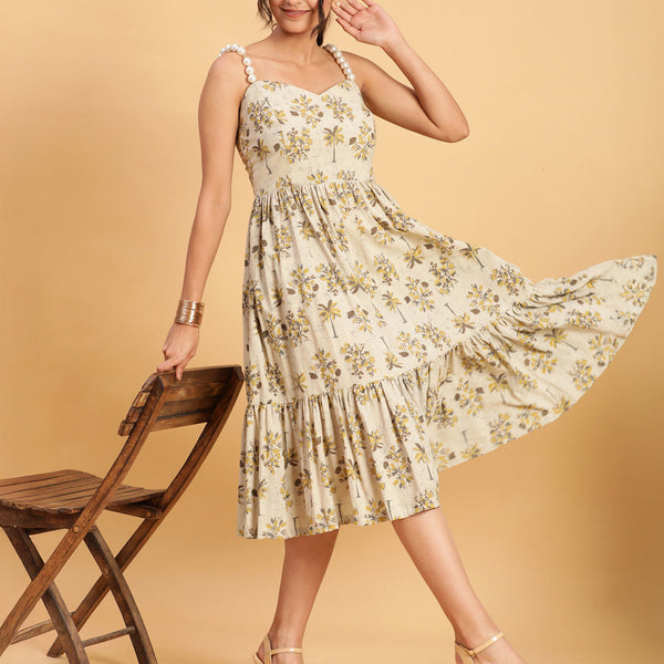 BohoJazz Handblock Boho Dress with Ornate Pearl Straps