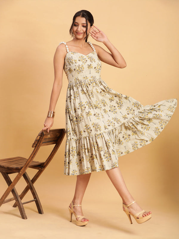 BohoJazz Handblock Boho Dress with Ornate Pearl Straps