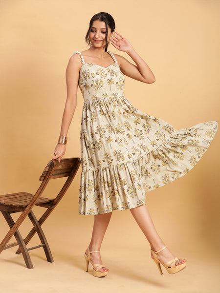 BohoJazz Handblock Boho Dress with Ornate Pearl Straps