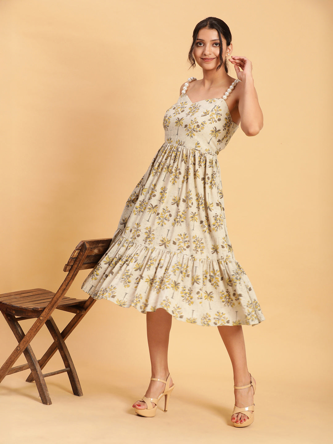 BohoJazz Handblock Boho Dress with Ornate Pearl Straps