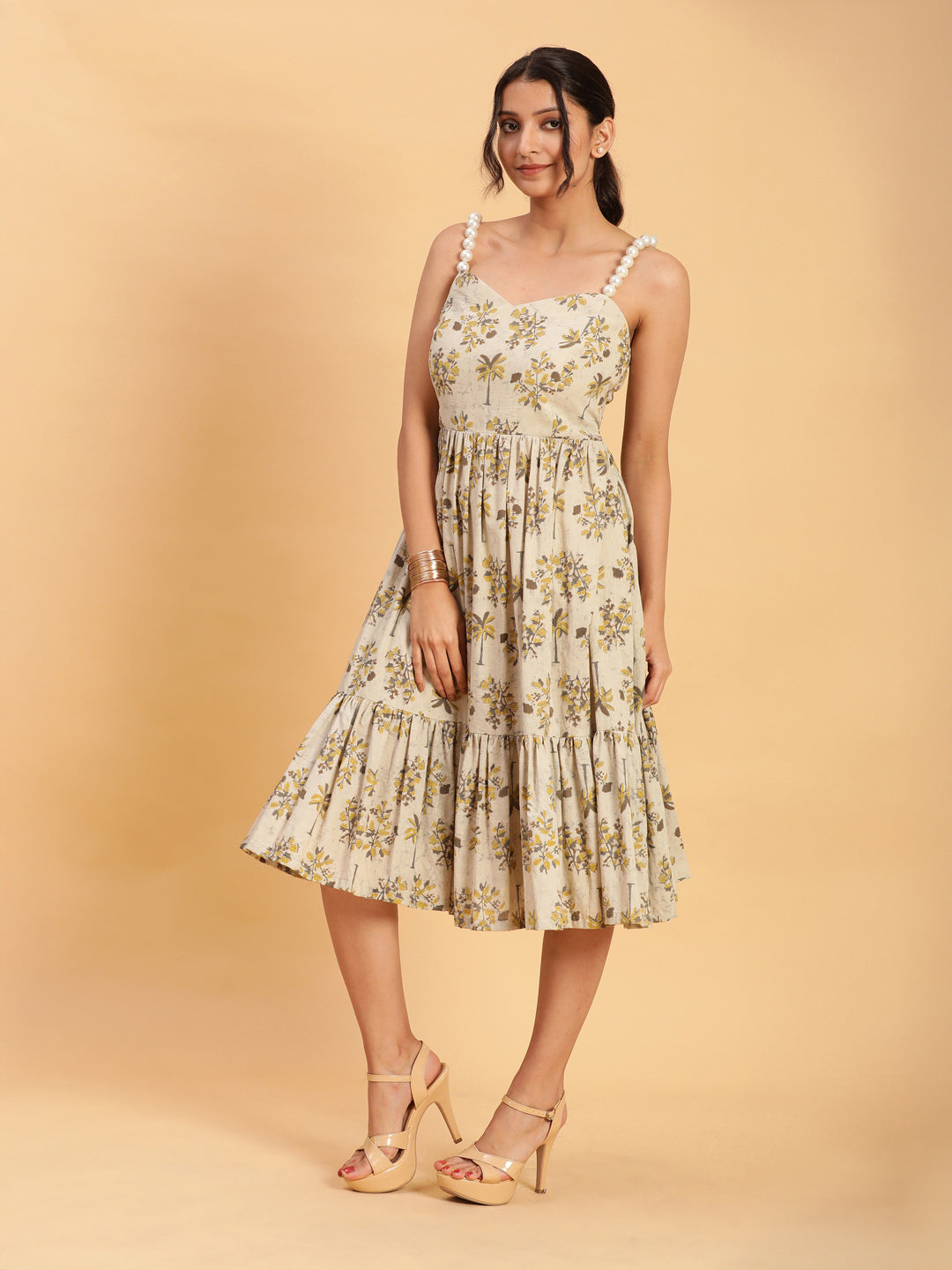BohoJazz Handblock Boho Dress with Ornate Pearl Straps