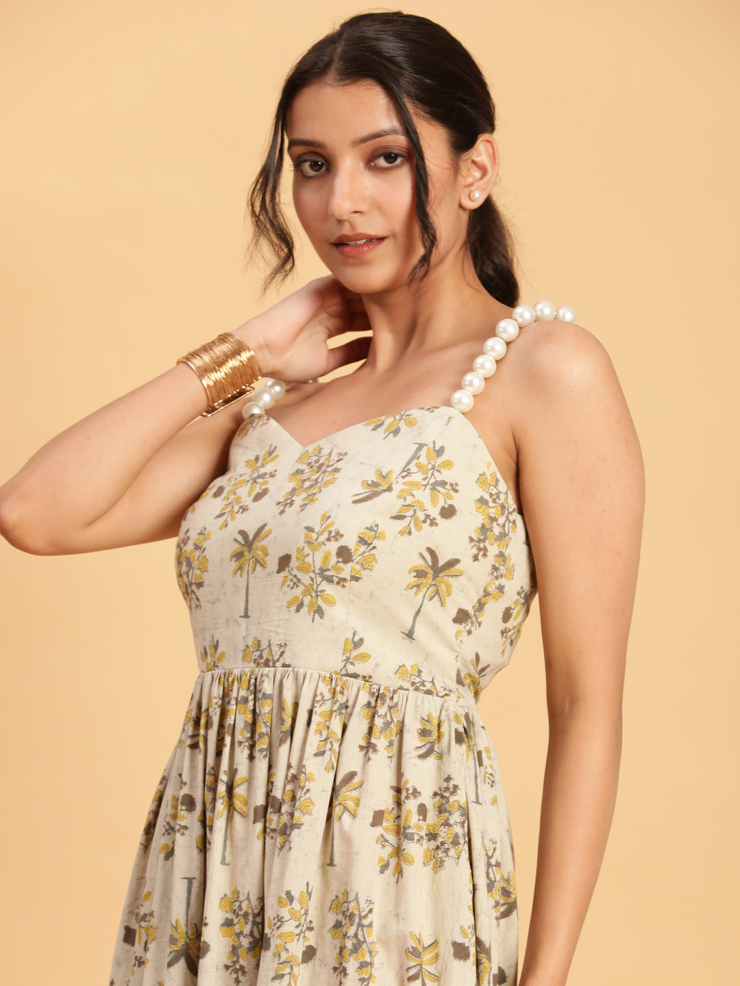 BohoJazz Handblock Boho Dress with Ornate Pearl Straps