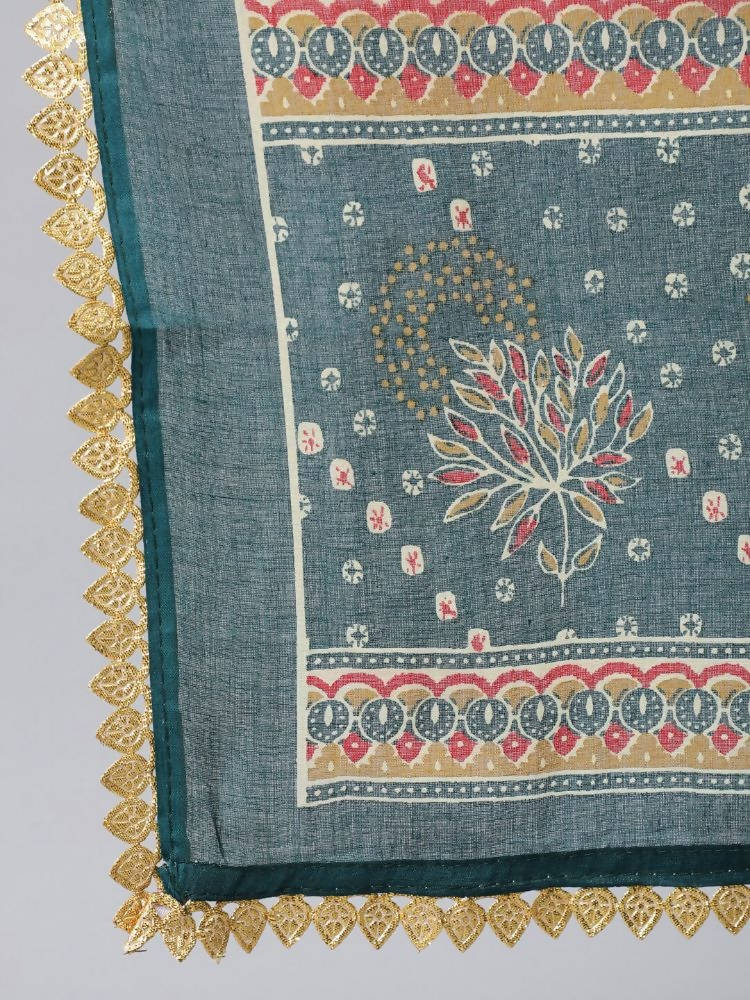 Anubhutee Teal Ethnic Motifs Printed Empire Thread Work Pure Cotton Kurta with Trousers & With Dupatta - Distacart