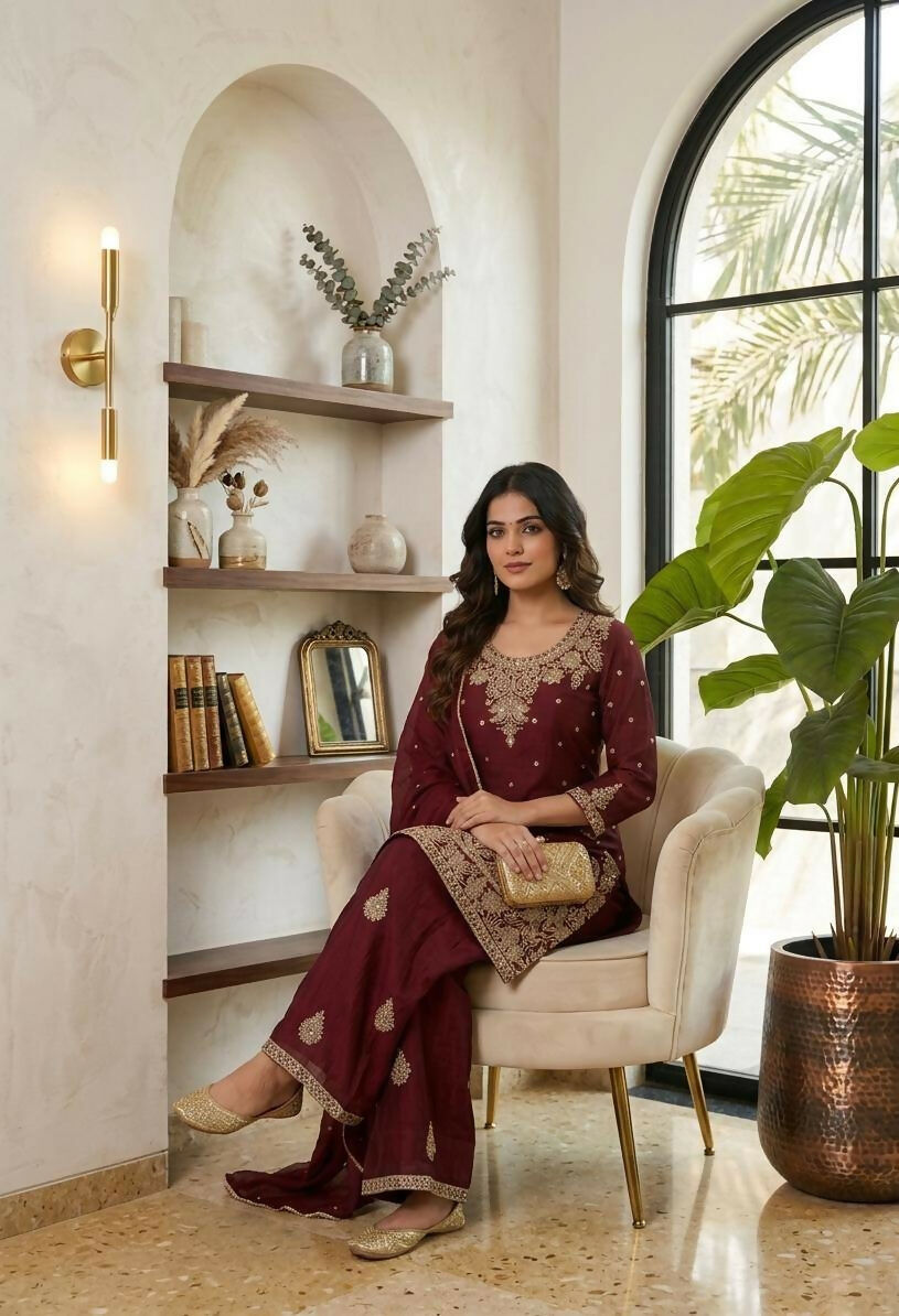Teeya Creation New Latest Stylish Kurta Palazzo Set - Red - Dista