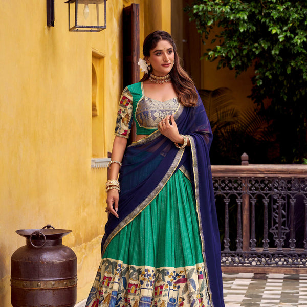 Evanik Bottlegreen South Style Kalamkari Print Design Zari Work Unstitched Lehenga Choli