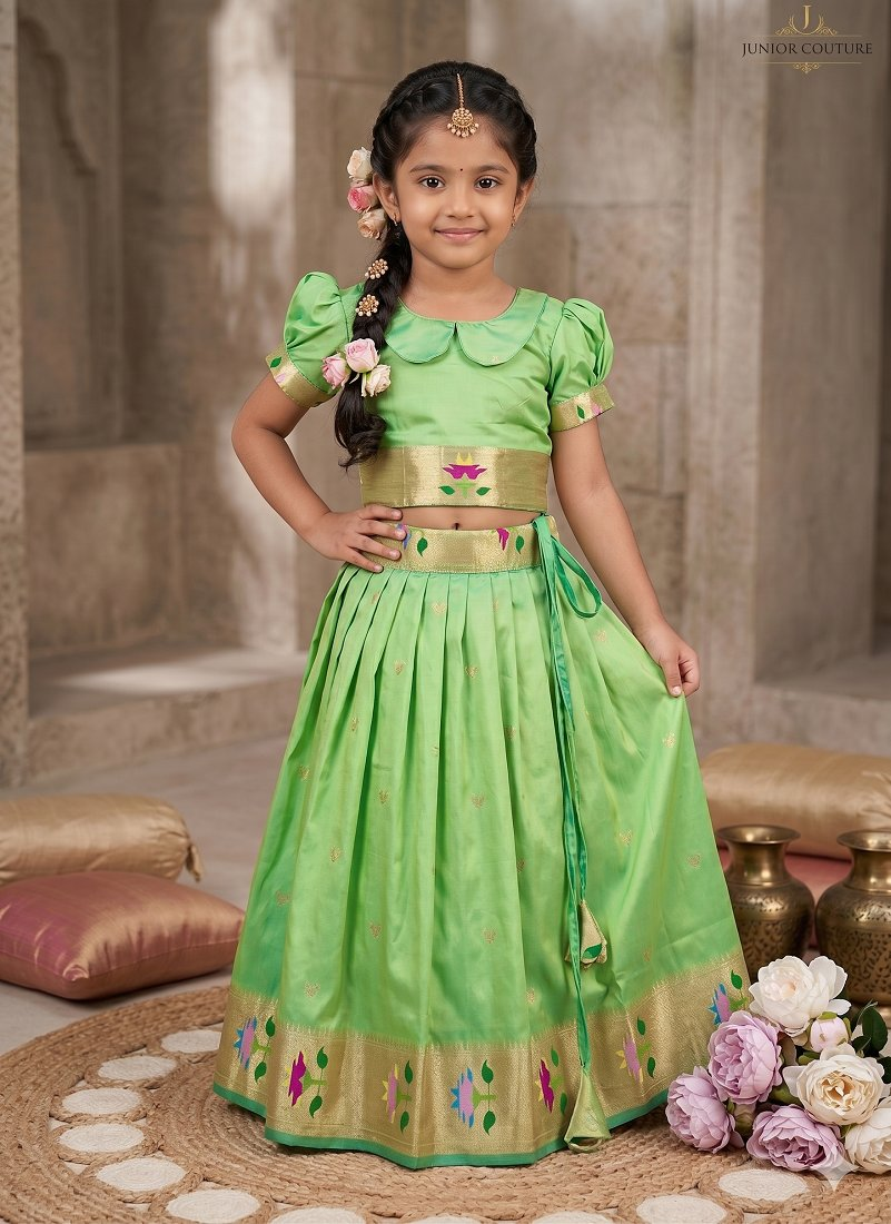 Evanik Green Soft Silk Paithani Design Zari Weaving Pavadai Lehenga Choli For Kids - Dista