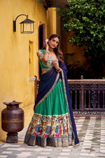 Thumbnail for Evanik Bottlegreen South Style Kalamkari Print Design Zari Work Unstitched Lehenga Choli