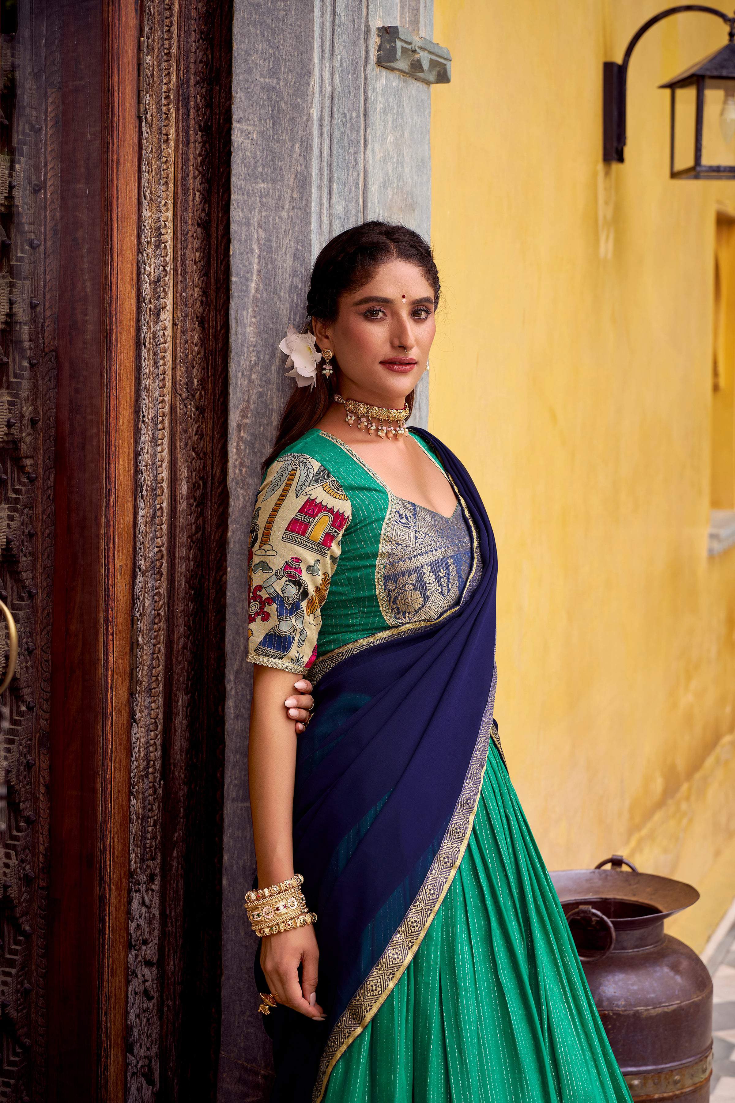 Evanik Bottlegreen South Style Kalamkari Print Design Zari Work Unstitched Lehenga Choli