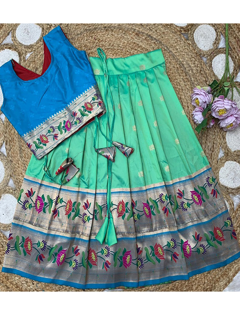 Evanik Turquoise Kids Paithani Silk Lotus Pattern Lehenga Choli - Dista