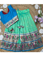 Thumbnail for Evanik Turquoise Kids Paithani Silk Lotus Pattern Lehenga Choli - Dista