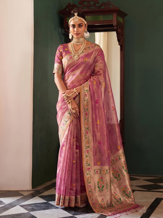 Shree Shyam Fashion Rose Pink Woven Work Tissue Silk Fabric Festive Wear Saree With Blouse
