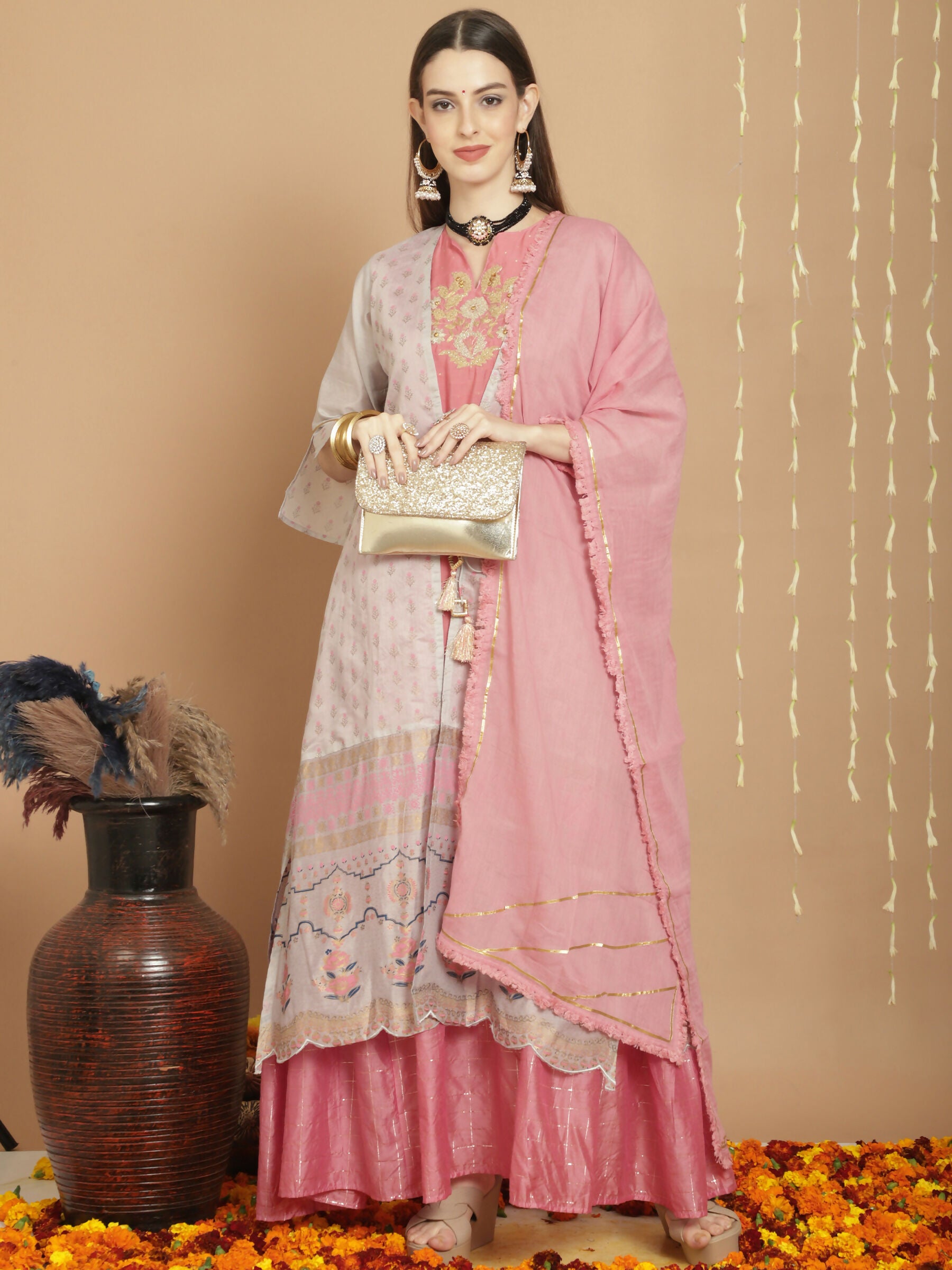 Jyoti Fashion Women's Grey Chanderi Silk Elegant Jardoshi Semi Kurta with Trouser & Dupatta - Distacart