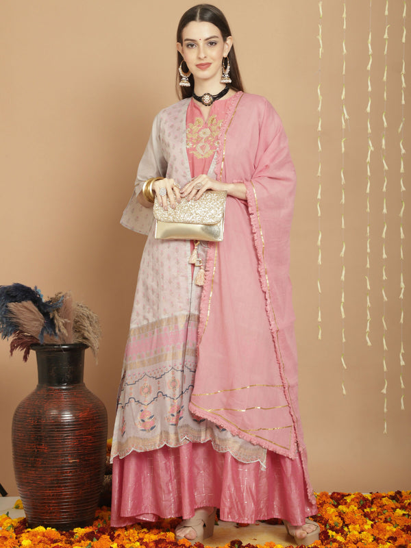 Jyoti Fashion Women's Grey Chanderi Silk Elegant Jardoshi Semi Kurta with Trouser & Dupatta - Distacart