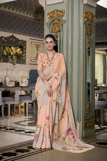 Vastranavya Peach Spectacular Georgette Printed with Pearl Lace Saree with Unstitched Blouse - Distacart