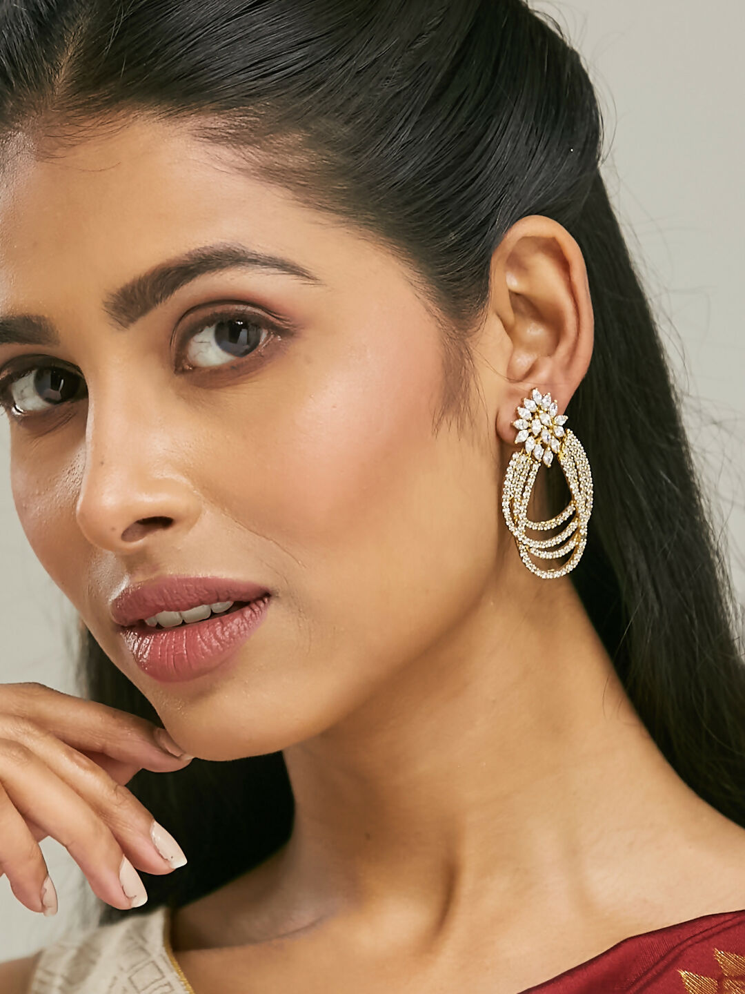 Nuyug 22K Gold-Plated Floral Motif Zircon Stone Studded Teardrop Shaped Elegant Drop Dangler Earrings