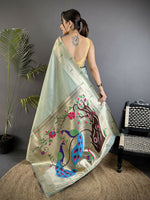 Thumbnail for Joban Fashion Pale Blue Peacock & Floral Motifs Tissue Paithani Saree - Dista
