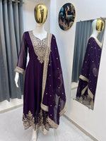 Thumbnail for Teeya Creation Wine Color Faux Georgette Embroidery Work Long Party Wear Gown - Distacart
