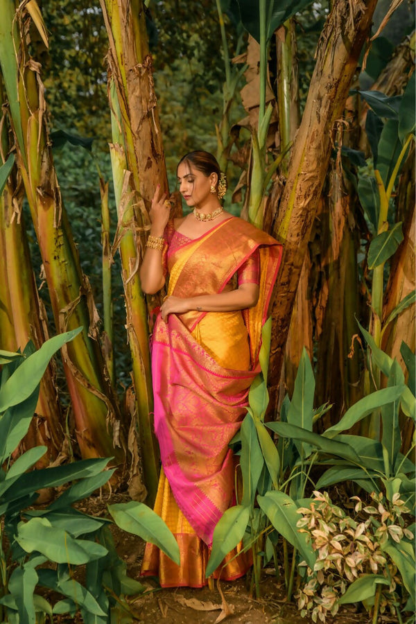 Jyoti Fashion Women's Yellow Kanjivaram Silk Zari Woven Saree with Blouse - Distacart