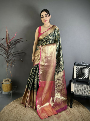 Prime Volt Pure Handloom Kanjivaram Katan Silk Saree with Antique Zari & Contrast Pallu-Green - Dista