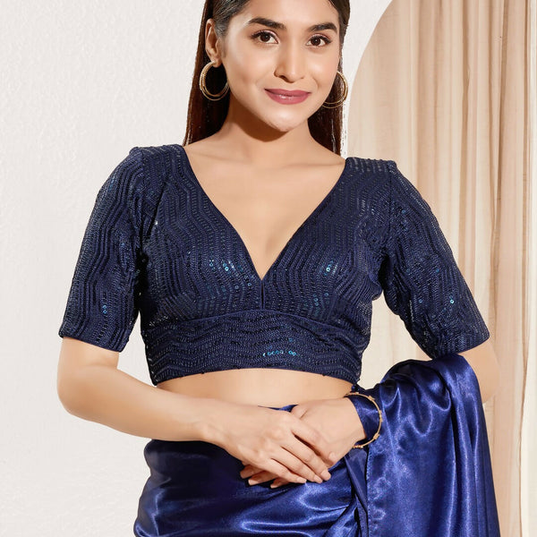 Joban Fashion Navy Blue Sequin Padded Blouse With V Neck Elbow Sleeves - Distacart