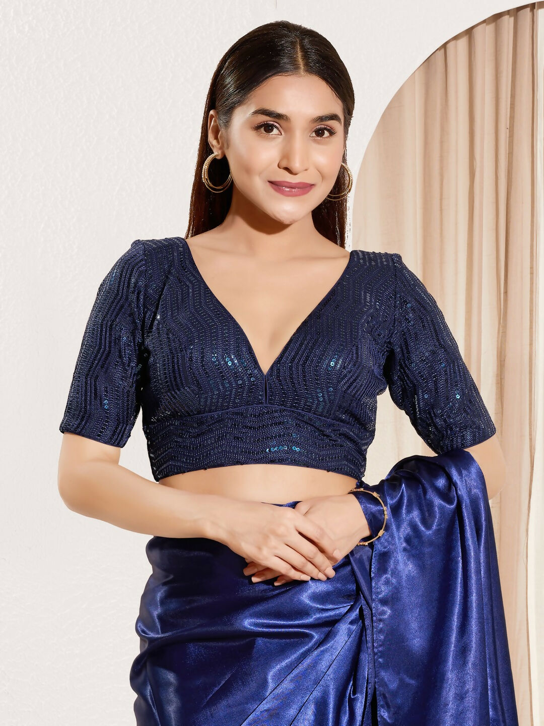 Joban Fashion Navy Blue Sequin Padded Blouse With V Neck Elbow Sleeves