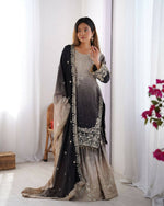 Thumbnail for The52 Women's Beautiful Chinon silk Fabric Embroidery Work Straight Kurta Palazzo and Dupatta Set - Distacart