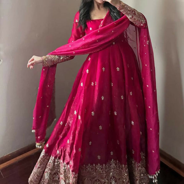 Teeya Creation Red Fendy Silk Designer Heavy Work Wedding Wear Long Gown - Distacart