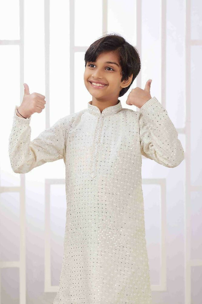 Raivat Ethnic Art Silk Embroidery Work Kids Kurta Pajama In Cream Colour - Distacart