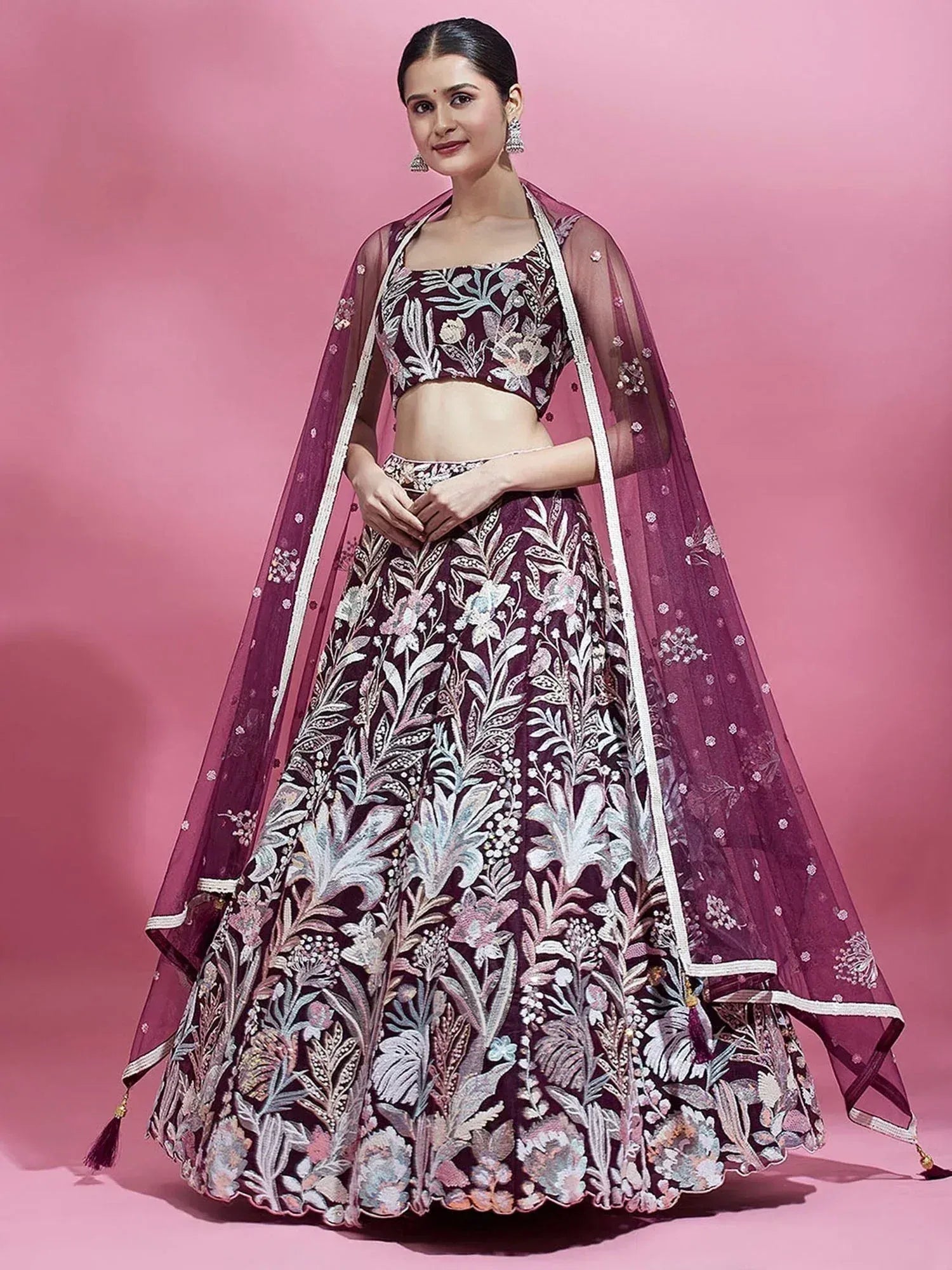 Tulsi Art Breathtaking Wine Sequins Soft Net Function Wear Lehenga Choli - Dista