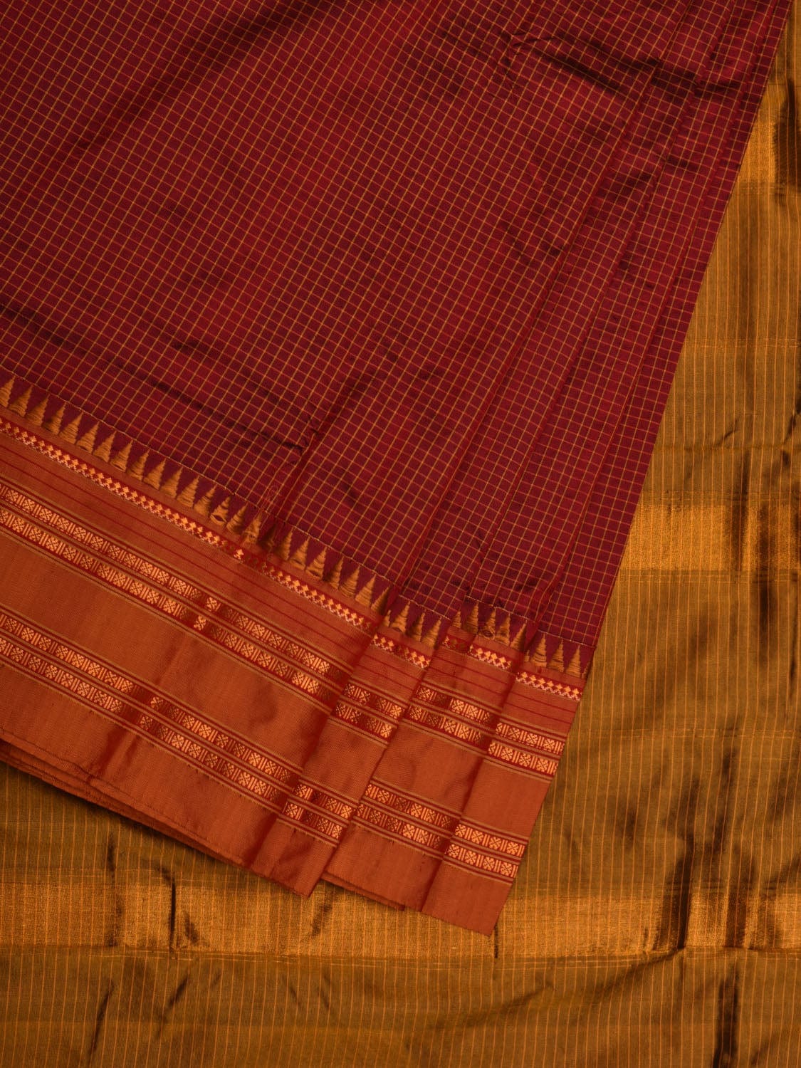 Brown and Mustard Narayanpet Silk Handloom Plain Saree with Traditional Border Design No Blouse - Global Threads - Distacart