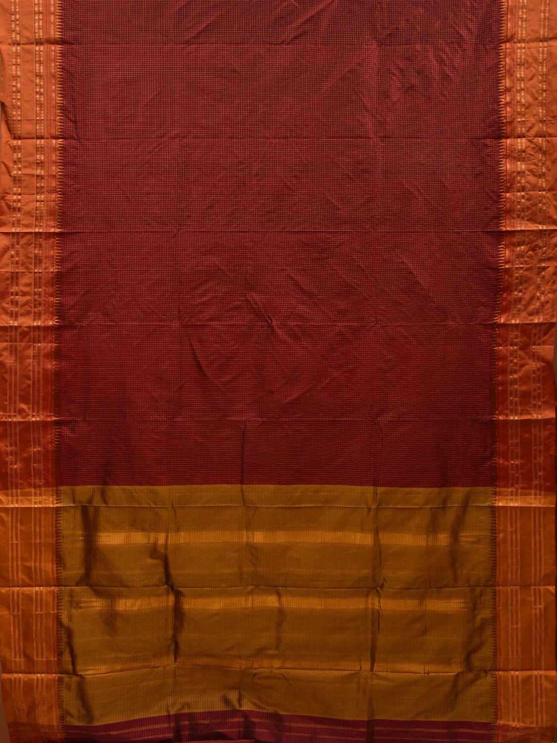 Brown and Mustard Narayanpet Silk Handloom Plain Saree with Traditional Border Design No Blouse - Global Threads - Distacart