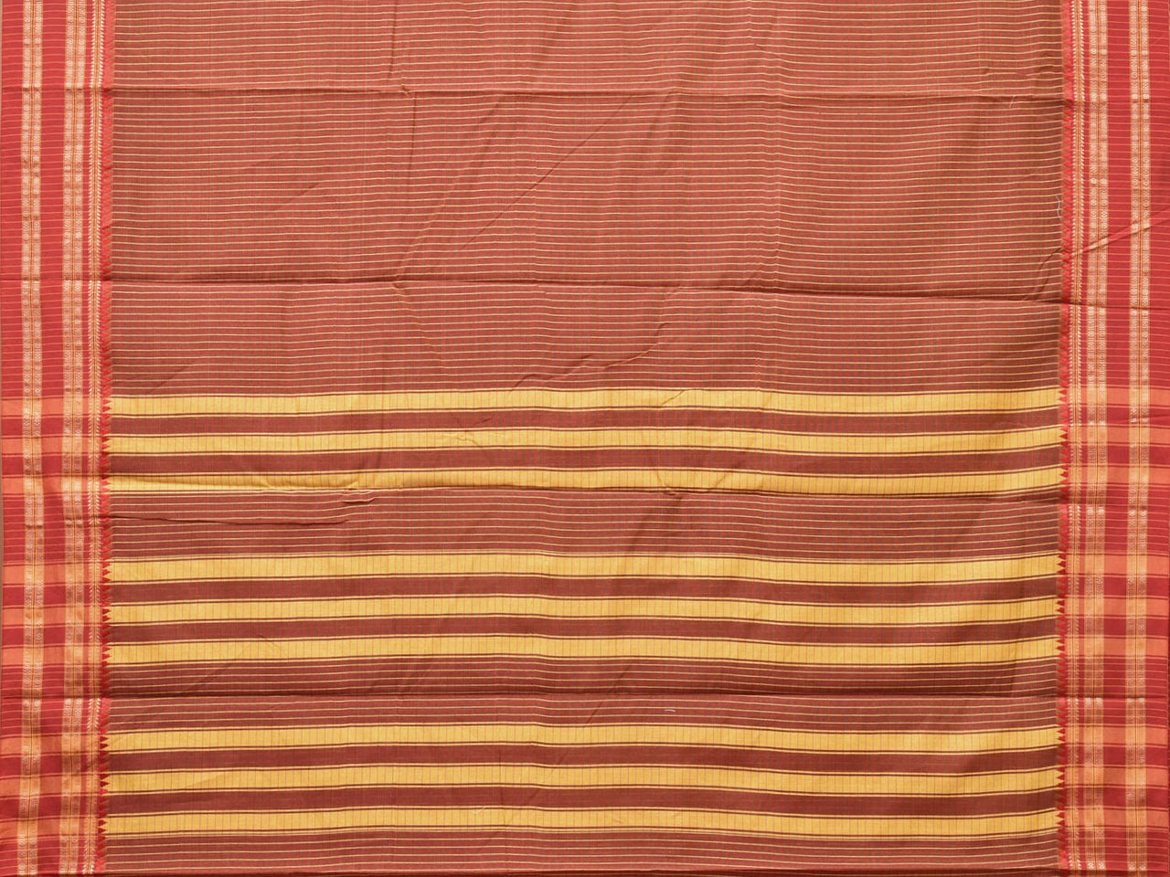 Brown and Rust Bamboo Cotton Saree with Checks Design No Blouse - Global Threads - Distacart