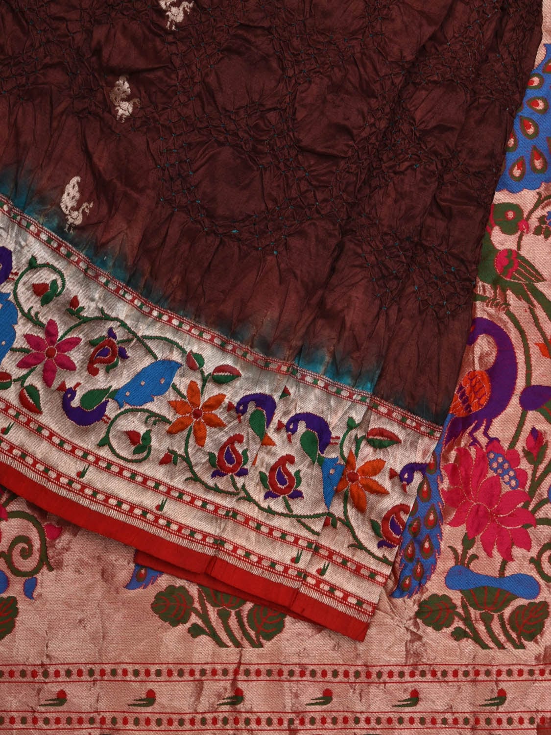 Brown Bandhani Paithani Silk Handloom Saree with Peacocks Border and Pallu Design - Global Threads - Distacart