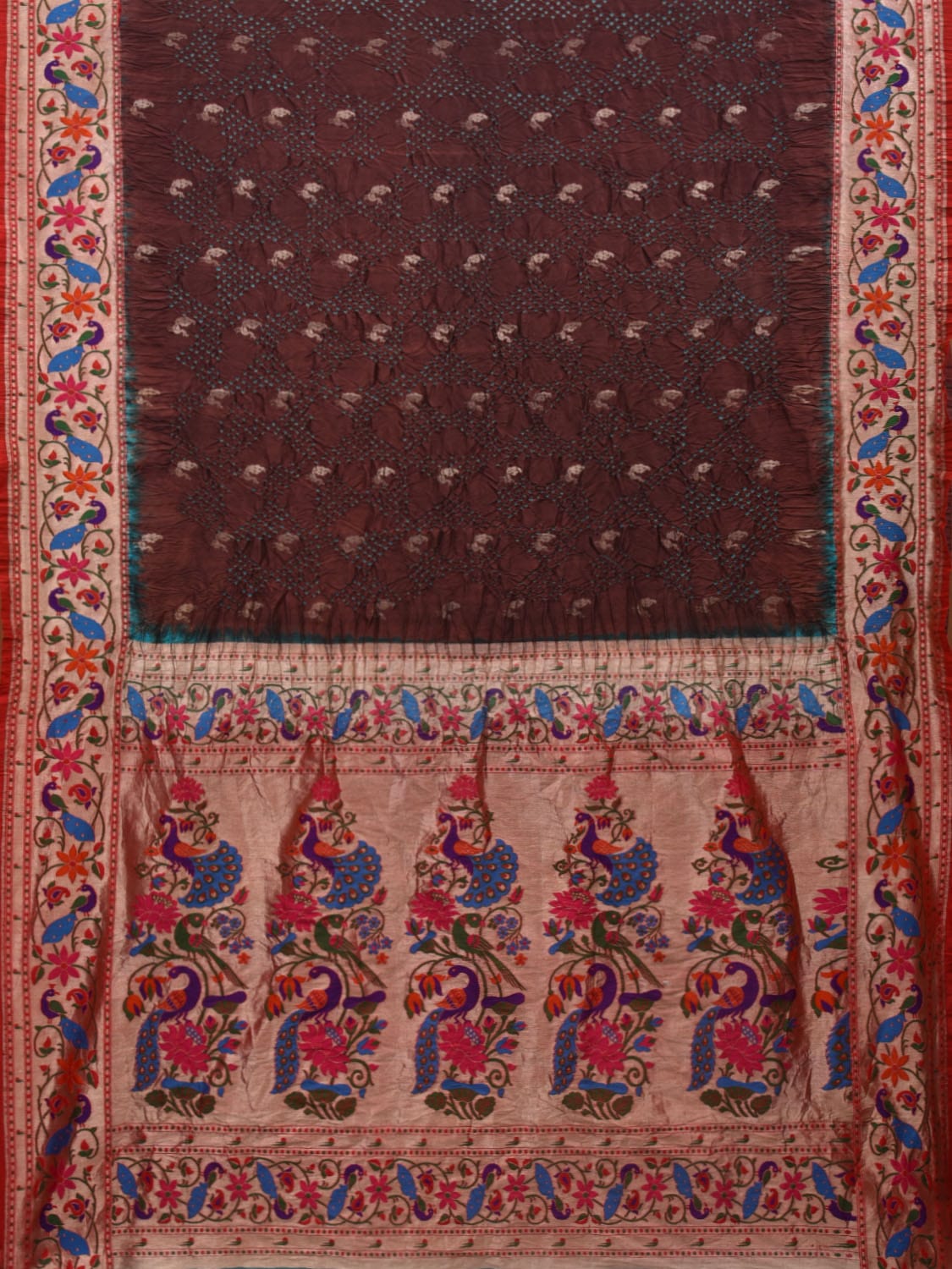 Brown Bandhani Paithani Silk Handloom Saree with Peacocks Border and Pallu Design - Global Threads - Distacart