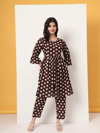 Yufta Brown Cotton Maternity Gathered Or Pleated Kurta Pants Set - Distacart